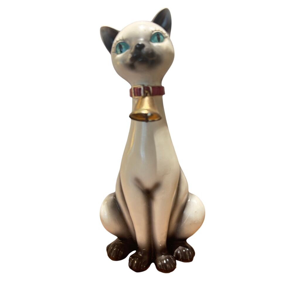 Long Neck Anthromorphic Siamese Cat Figurine w/Bell Kitsch